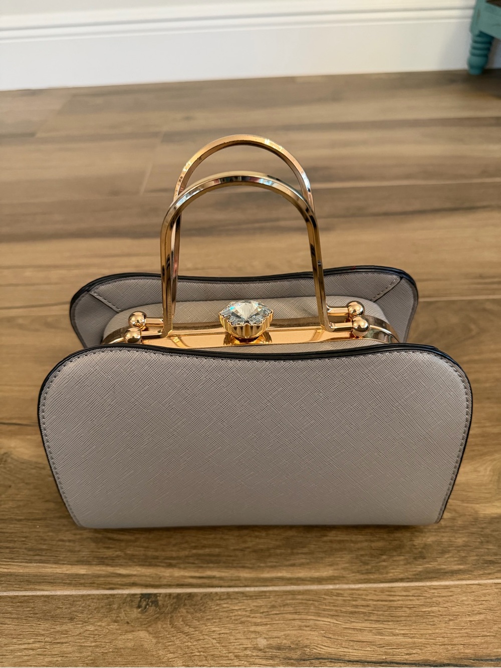 Taupe Rhinestone Lock Gold Handle Purse